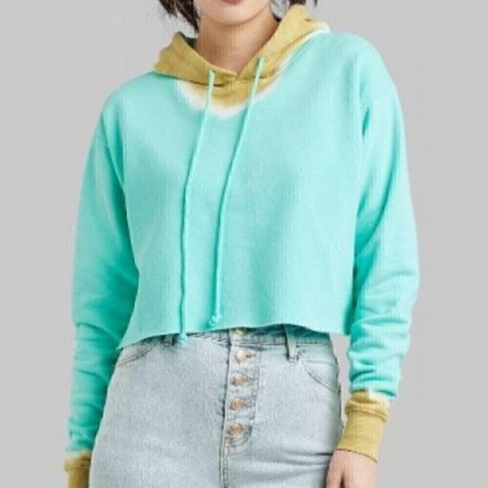 Wild Fable Women's Mint Tie Dye Pullover Crop Hoodie Sweatshirt - Picture 2 of 5